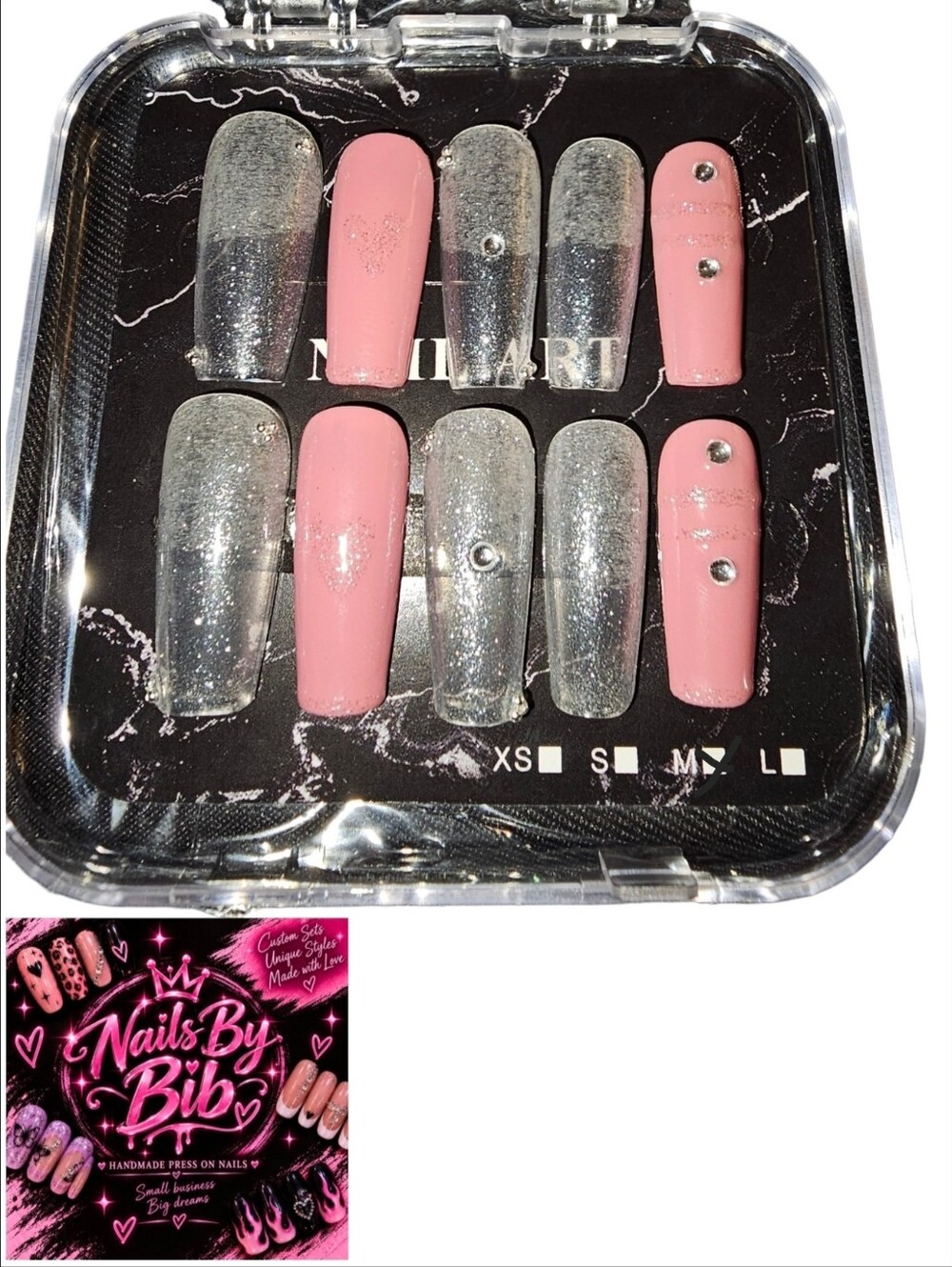 Pink Glitter Heart Press On Nails Medium
